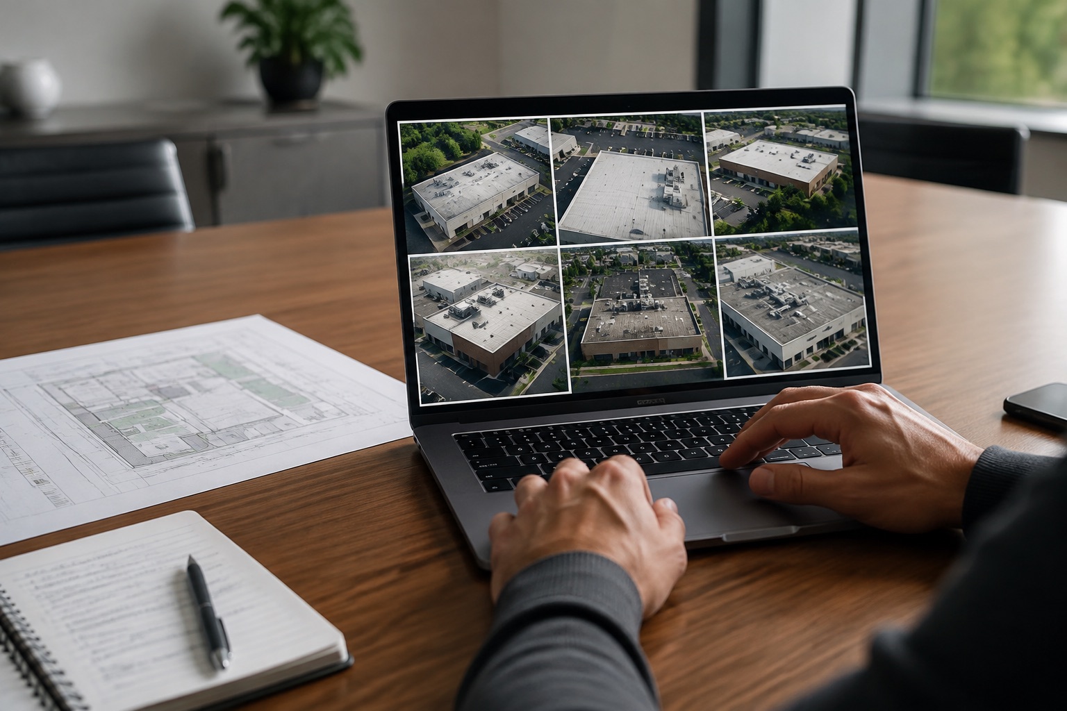 Facility manager reviewing organized aerial site imagery