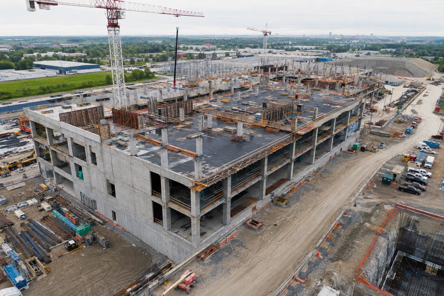 Aerial view of a large commercial construction site