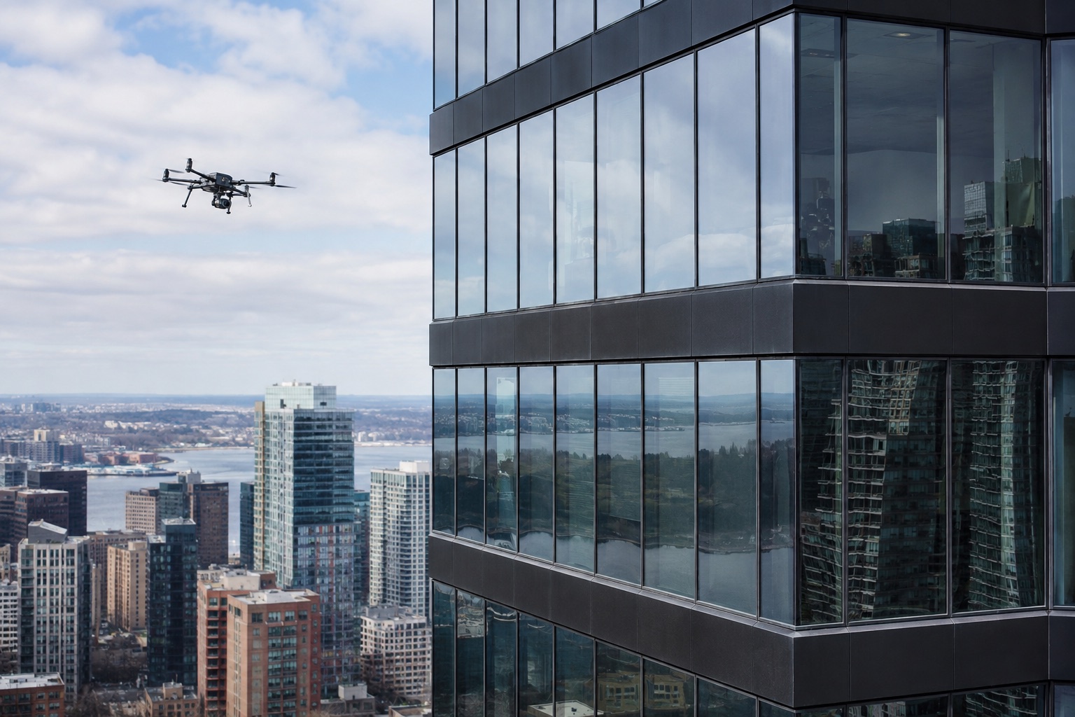 Drone inspecting the glass facade of a high-rise building