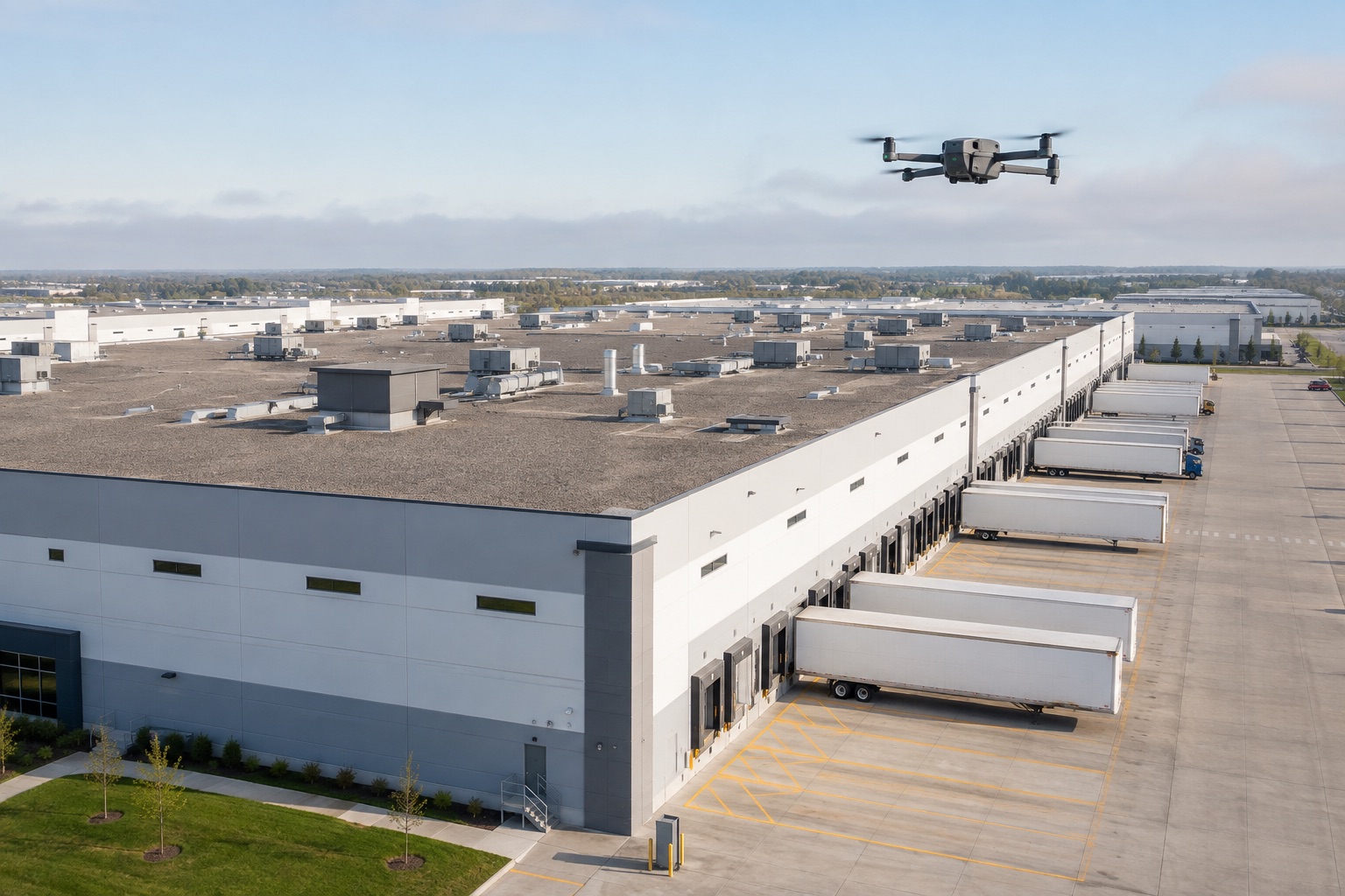 Drone above a commercial logistics warehouse and loading yard