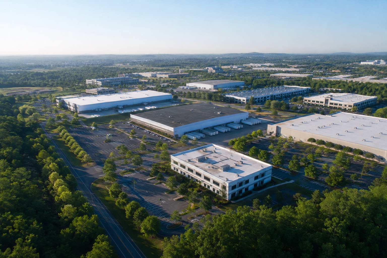 Aerial view of a multi-building commercial property portfolio