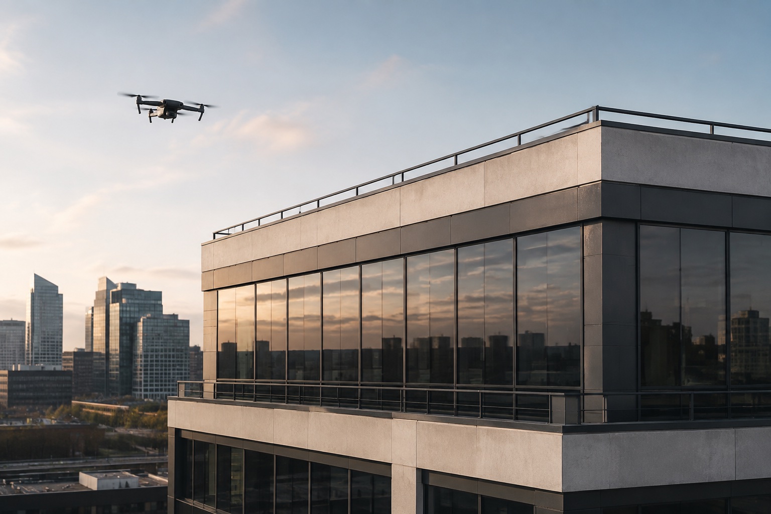 Commercial drone inspecting a modern building facade
