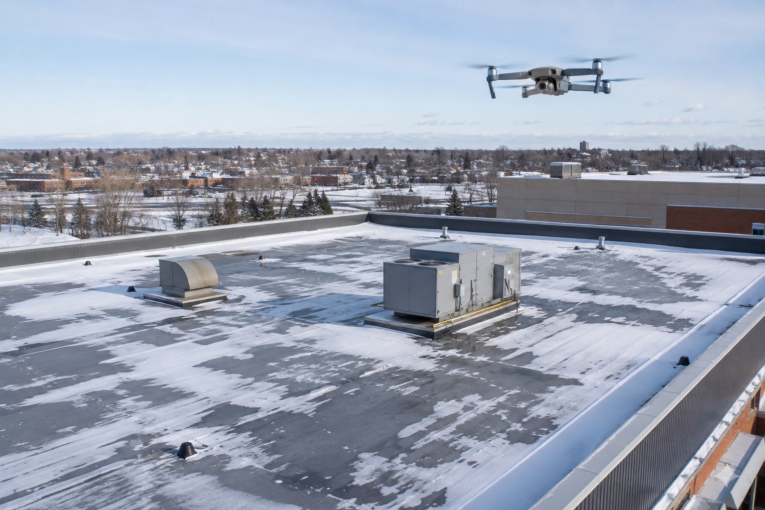 Drone documenting a commercial roof during winter
