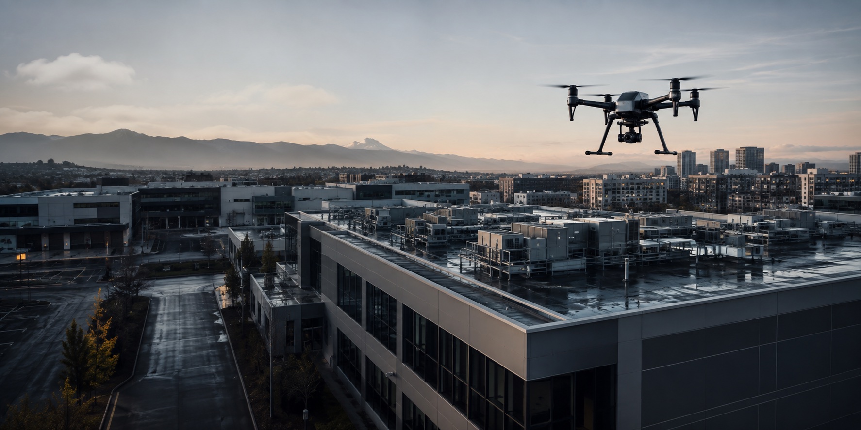 Commercial inspection drone above a large rooftop